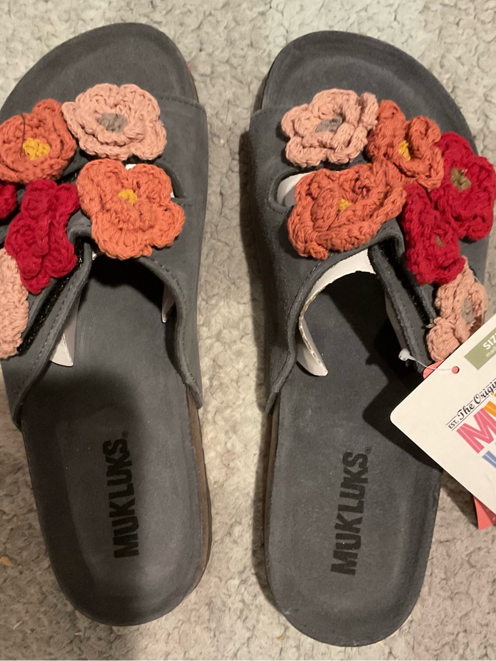Muk Luks Gray Slip-On Mules with Crochet Floral Appliqués